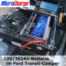 MicroCharge-BIGBLOCK in der Sitzkonsole des Ford Transit-Campers.