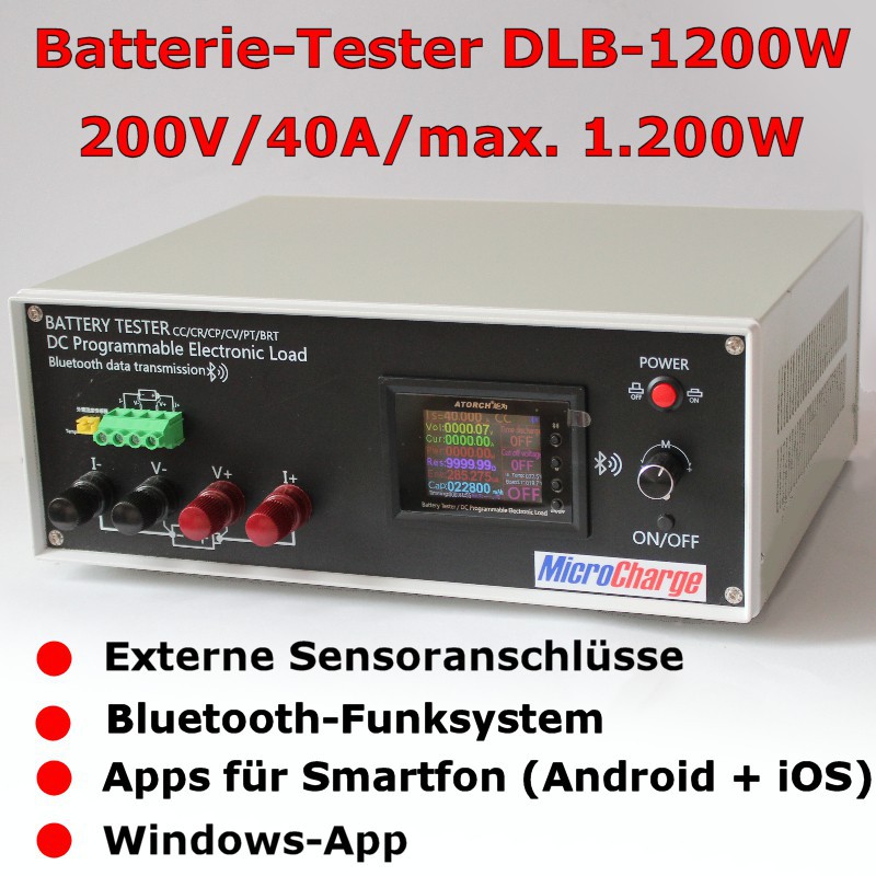 Batterie-Tester DLB-1200W: Bis zu 200V Batteriespannung, maximal 40A Entladestrom, maximale Leistung 1200W.