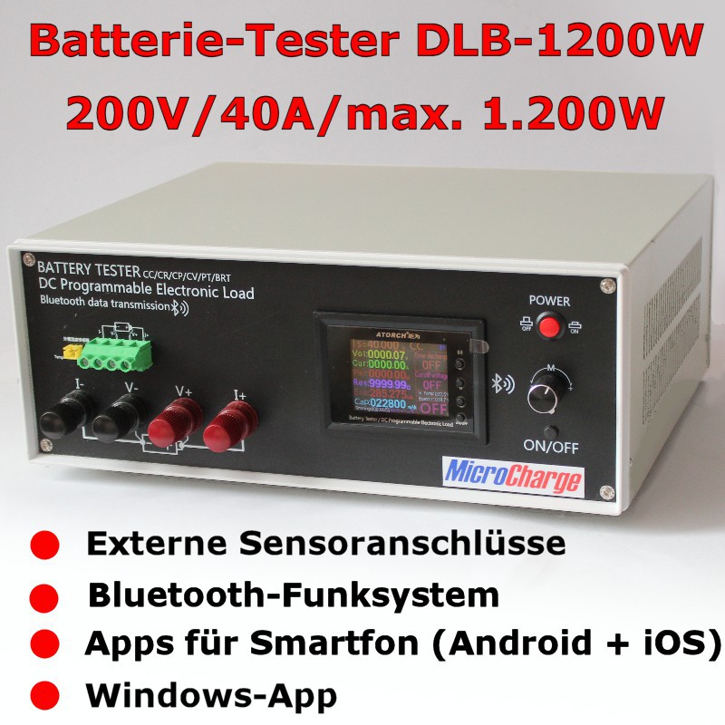 Batterie-Tester DLB-1200W: Bis zu 200V Batteriespannung, maximal 40A Entladestrom, maximale Leistung 1200W. Batterie-Tester DLB-1200W: Bis zu 200V Batteriespannung, maximal 40A Entladestrom, maximale Leistung 1200W.