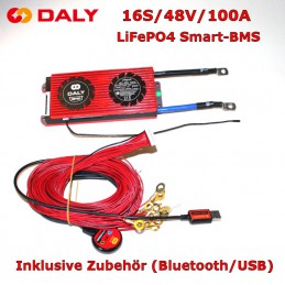Daly 16S/100A Smart-BMS mit Zubehör (inklusive 2m Balancer-Kabel, Bluetooth-Transceiver, USB-Anschluss und Temperatur-Sensor).