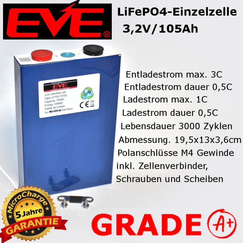 Die bekannte Kompaktzelle LF105: EVE Grade A+ Spitzenqualität