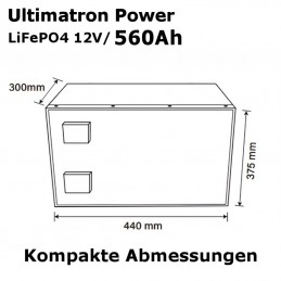 Die große Ultimatron LiFePO4-Batterie hat trotz Ihrer enormen Kapazität sehr kompakte Abmessungen.