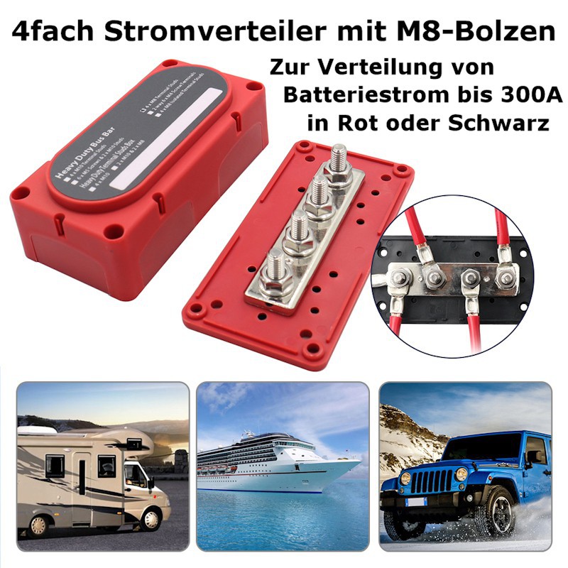 Stromverteiler 300A, 4 x M8, in rot oder schwarz Farbe Rot