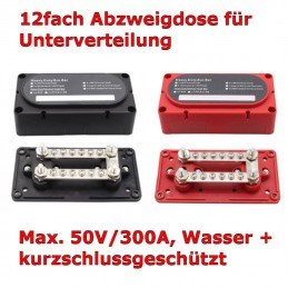 Wassergeschützter Unterverteilerblock, 4 x M8 und 12 x M4-Schraubanschlüsse.  Max. 50V/300A.