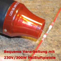 Einfaches Verschrumpfen mit spezieller 230V-Heißluftpistole.