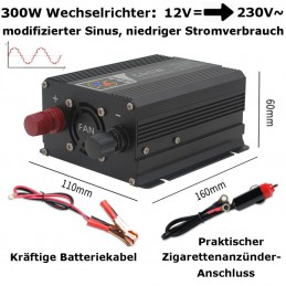 Kleiner 300W-Campingwechselrichter: Abmessungen und Zubehör