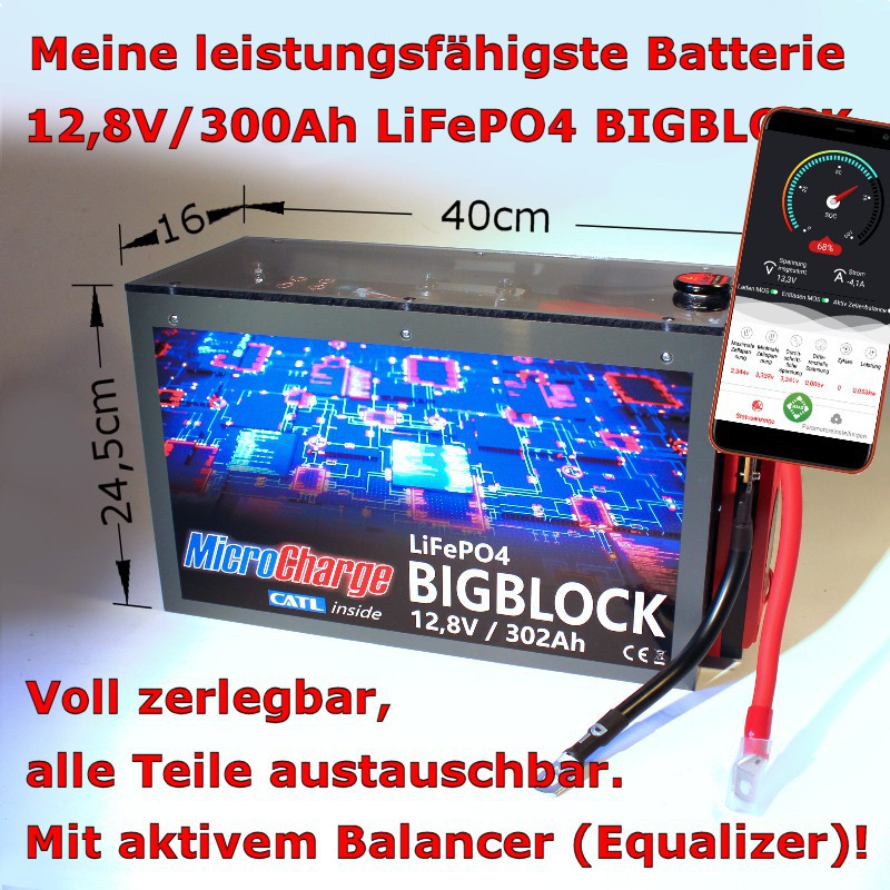 12,8V/300Ah, fast 4kWh in einer einzigen ultrakompakten Batterie, die unter fast jeden Wohnmobilsitz passt.