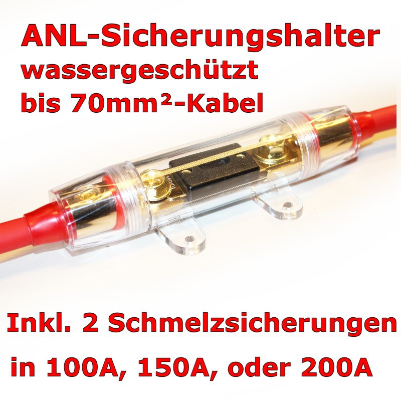 EUR 34,-: ANL-Sicherungshalter vergoldet, inkl. zwei Sicherungen 100, 150,  o. 200A Nennwert (A) 200A