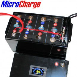 Und so sieht die MicroCharge Bausatzbatterie mit Gehäuse und 200A BMS ohne Deckel von innen aus.