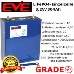 LiFePO4-Einzelzelle EVE 3,2V/304Ah, Grade A+