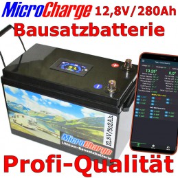 MicroCharge Bausatzbatterie 12V/280Ah mit 200A BMS, Display, Bluetooth und professionellem Gehäuse.