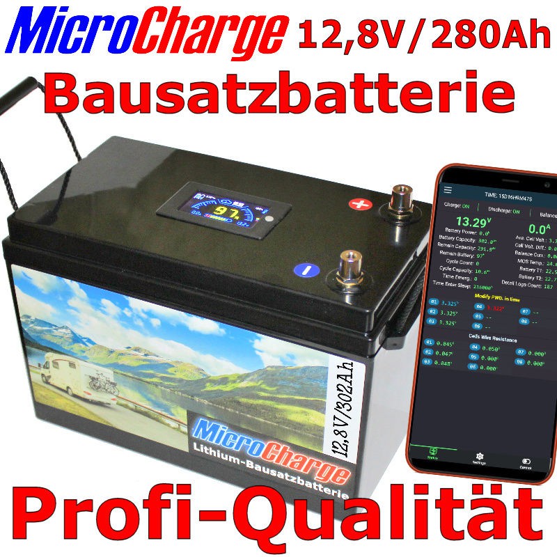 MicroCharge Bausatzbatterie 12V/280Ah mit 200A BMS, Display, Bluetooth und professionellem Gehäuse.