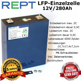 LiFePO4-Einzelzelle REPT 3,2V/280Ah, Grade A, bestes Preis/Leistungs-Verhältnis!