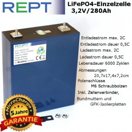 LiFePO4-Einzelzelle REPT 3,2V/280Ah, Grade A, bestes Preis/Leistungs-Verhältnis!
