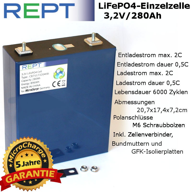 LiFePO4-Einzelzelle REPT 3,2V/280Ah, Grade A, bestes Preis/Leistungs-Verhältnis!