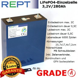 LiFePO4-Einzelzelle REPT 3,2V/280Ah, Grade A, bestes Preis/Leistungs-Verhältnis!