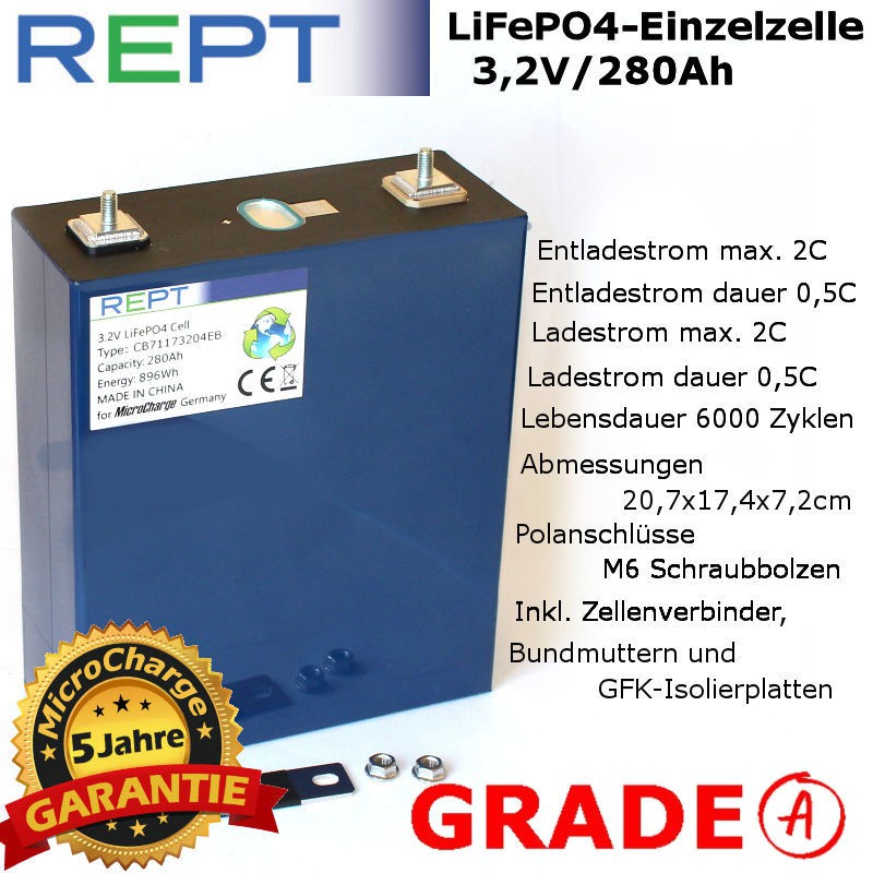 LiFePO4-Einzelzelle REPT 3,2V/280Ah, Grade A, bestes Preis/Leistungs-Verhältnis!