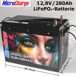 Die brandneue MicroCharge 12V/280Ah LiFePO4-Batterie: Kompakte Abmessungen (BxTxH): 36,5cm x 19cm x 26cm