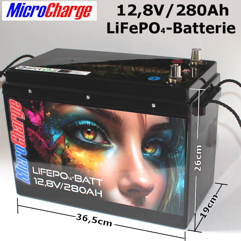 Die brandneue MicroCharge 12V/280Ah LiFePO4-Batterie: Kompakte Abmessungen (BxTxH): 36,5cm x 19cm x 26cm