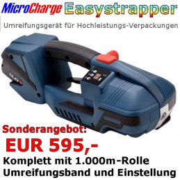 Der MicroCharge Easystrapper: Akku-Umreifungsgerät für viele verschiedene Umreifungsbänder von 0,5 bis 1,2mm Dicke geeignet.