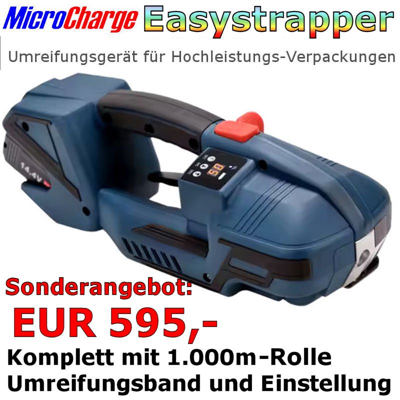 Der MicroCharge Easystrapper: Akku-Umreifungsgerät für viele verschiedene Umreifungsbänder von 0,5 bis 1,2mm Dicke geeignet.