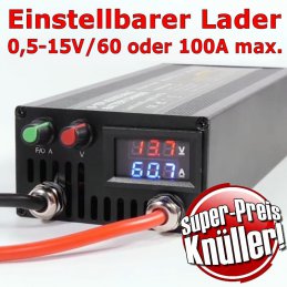 Superpreisgünstiger Kraftlader für Akkus und Batterien zwischen 0,5 und 15V Ladespannung bei max. 60A bzw. 100A Ladestrom.