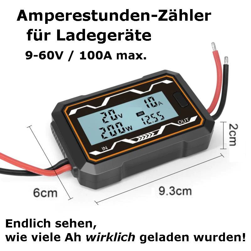 Amperestundenzähler für Ladegeräte, zum nachrüste 9 - 60V, 100A max.