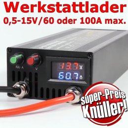 Superpreisgünstiger Kraftlader für Akkus und Batterien zwischen 0,5 und 15V Ladespannung bei max. 60A bzw. 100A Ladestrom.