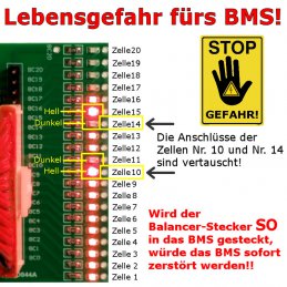 So testen Sie den richtigen Anschluss aller Balancerkabel an den Akkuzellen, BEVOR Sie den Balancer-Stecker ins BMS stecken!