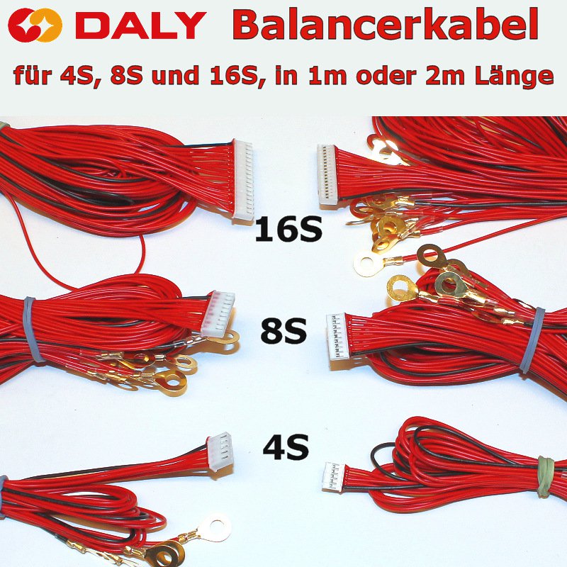 Daly Balancerkabel für 4S, 8S und 16S-BMS, in 1m oder 2m Länge, auf Wunsch anschlussfertig mit Kabelschuhen ausgerüstet.
