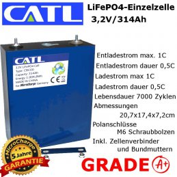 Die neuen LiFePO4-Zellen von CATL: CBC00 mit 3,2V/314Ah in bester Grade A+ Qualität.