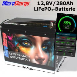 Die brandneue MicroCharge 12V/280Ah LiFePO4-Batterie: Kompakte Abmessungen (BxTxH): 36,5cm x 19cm x 26cm