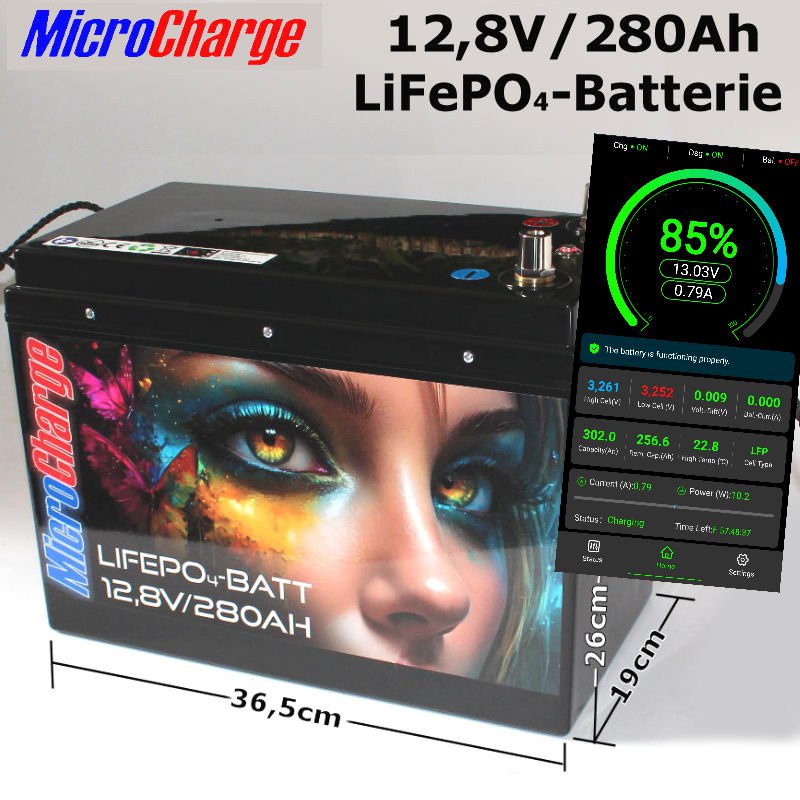 Die brandneue MicroCharge 12V/280Ah LiFePO4-Batterie: Kompakte Abmessungen (BxTxH): 36,5cm x 19cm x 26cm