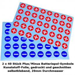 Aufkleberbögen Batteriepolsymbole Plus/Minus 2 x 40 Stück