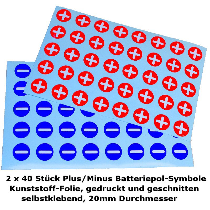 Aufkleberbögen Batteriepolsymbole Plus/Minus 2 x 40 Stück