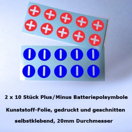 Aufkleberbögen Batteriepolsymbole Plus/Minus 2 x 10 Stück