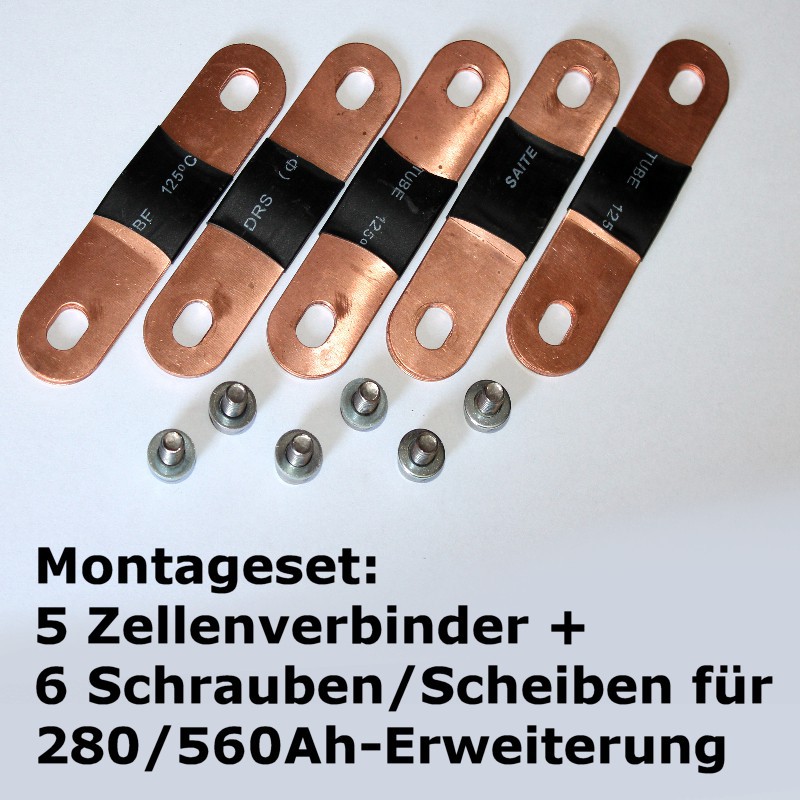 Montageset mit Zellenverbindern + Schrauben zur Montage von zwei vierzelligen 280Ah LiFePO4-Batterien. Montageset mit Zellenverbindern + Schrauben zur Montage von zwei vierzelligen 280Ah LiFePO4-Batterien.