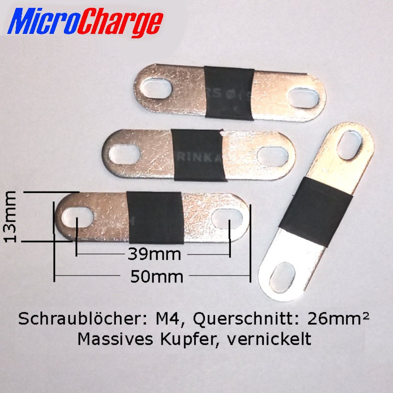 Zellenverbinders für 90Ah LiFePO4-Zellen (LF90) mit M4-Schraubgewinde. Schraubenabstand 35 bis 41mm.