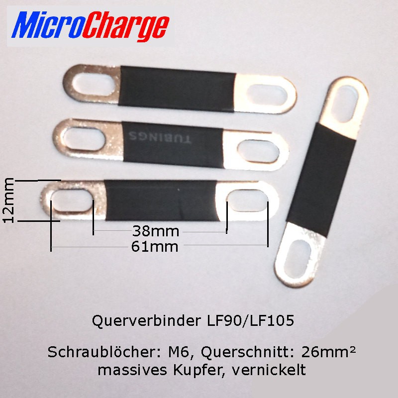 Polverbinder für LF90 und LF105 LiFePO4-Zellen mit 45 bis 56mm Schraubabstand. Polverbinder für LF90 und LF105 LiFePO4-Zellen mit 45 bis 56mm Schraubabstand.