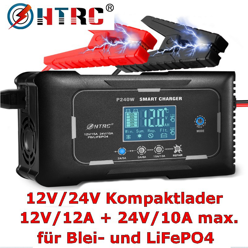 HTRC Kompaktlader 12V/24V, max. 12A, 7 Ladestufen, für Blei- und LiFePO4-Batterien