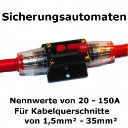 Sicherungsautomaten von 20 - 150A und Kabelquerschnitte zwischen 1,5 und 35mm².