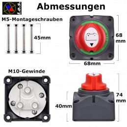 Die Abmessungen des Batteriewahlschalters.