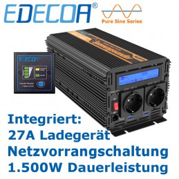EDECOA-Pro Wechselrichter mit 1.500W Dauerleistung, Ladegerät und Netzvorrangschaltung.