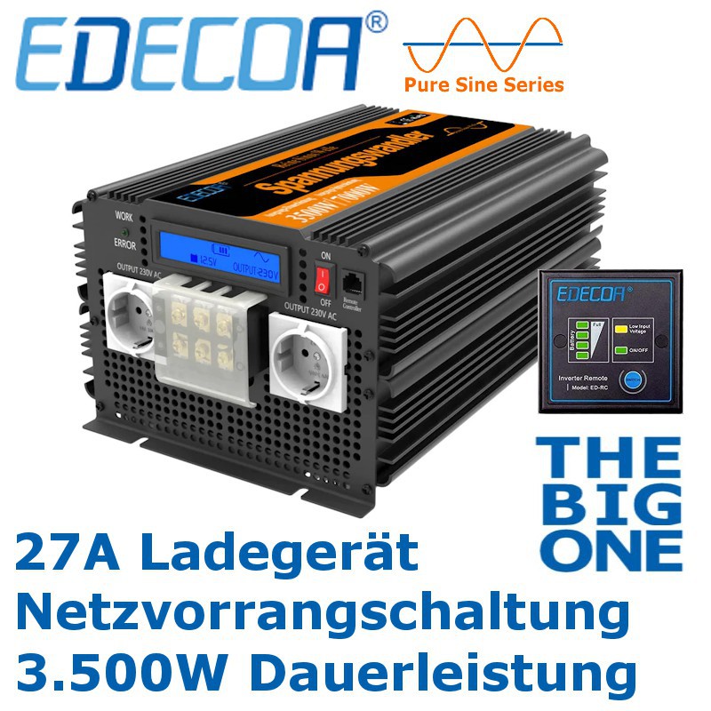 EDECOA-Pro Wechselrichter mit 3.500W Dauerleistung, Ladegerät und Netzvorrangschaltung.
