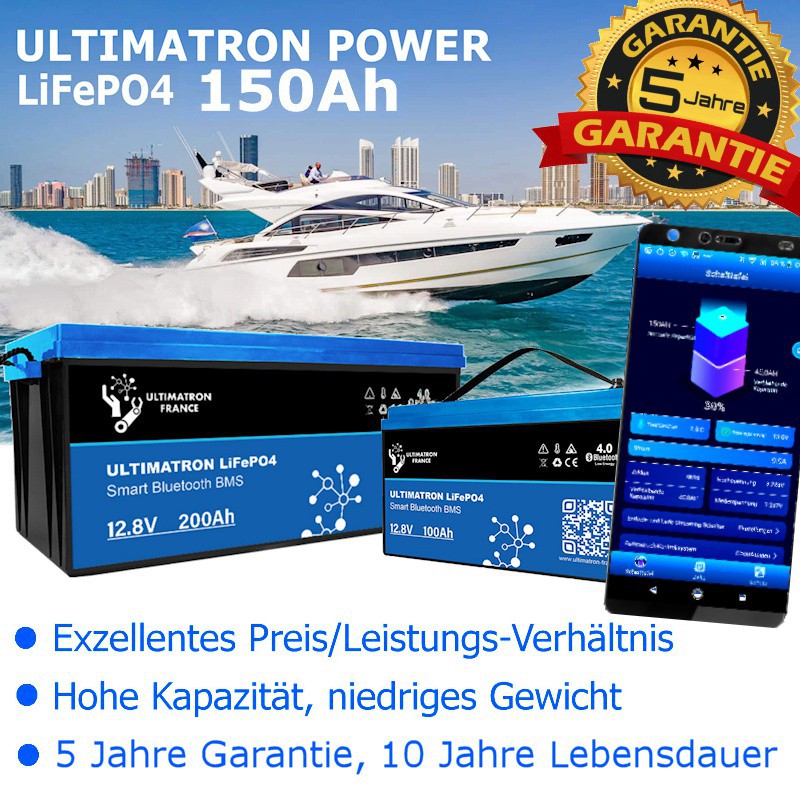 Ultimatron Power 150Ah-LiFePO4-Batterie: Kraftvoll, langlebig, besonders preisgünstig. Und mit 5 Jahren Garantie!