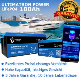 Ultimatron Power 100Ah-LiFePO4-Batterie: Kraftvoll, langlebig, besonders preisgünstig. Und mit 5 Jahren Garantie!