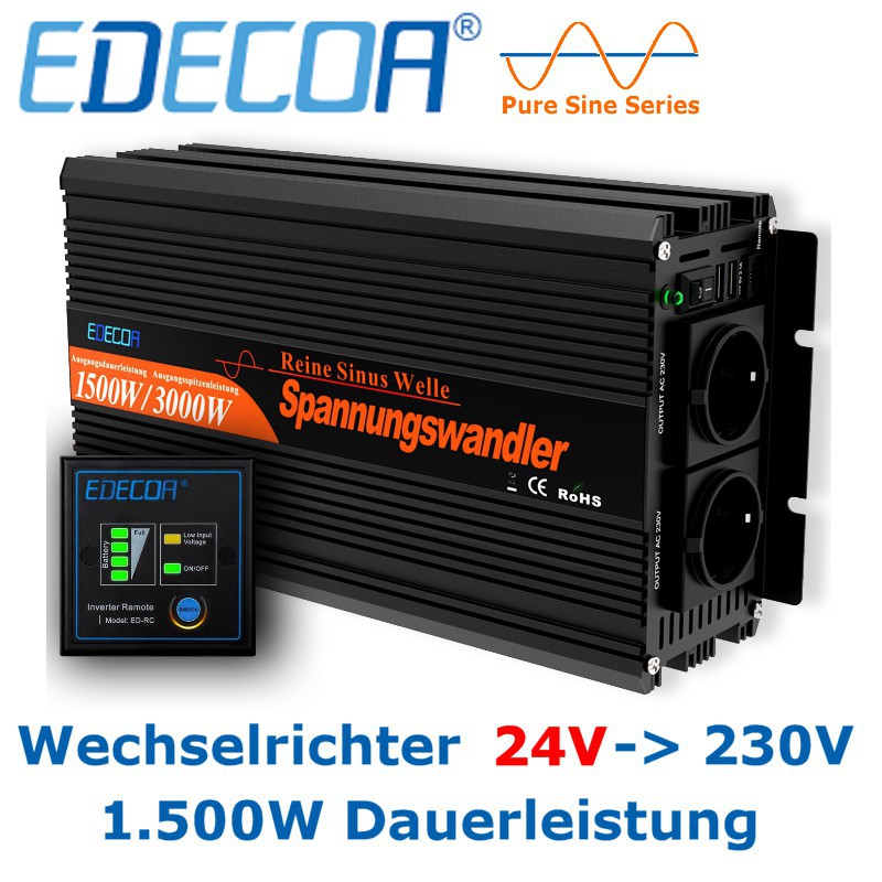 Ab EUR 239,50: Hochwertiger EDECOA-Wechselrichter 24V mit 1.500W  Dauerleistung Steuersatz 0% MwSt. (Solarförderung gemäß §12 Abs. 3 UStG.)