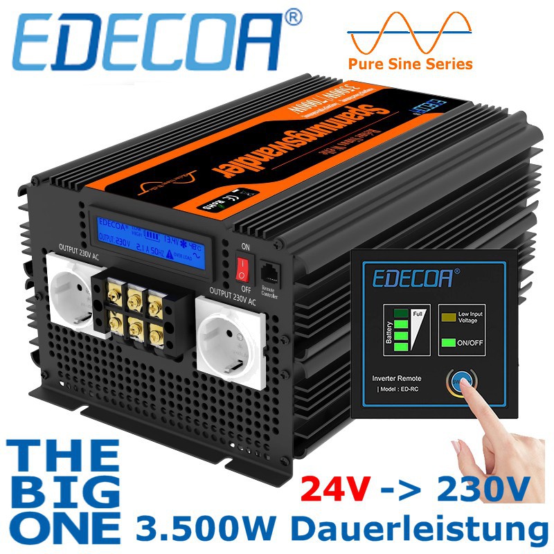 Ab EUR 239,50: Hochwertiger EDECOA-Wechselrichter 24V mit 1.500W  Dauerleistung Steuersatz 0% MwSt. (Solarförderung gemäß §12 Abs. 3 UStG.)