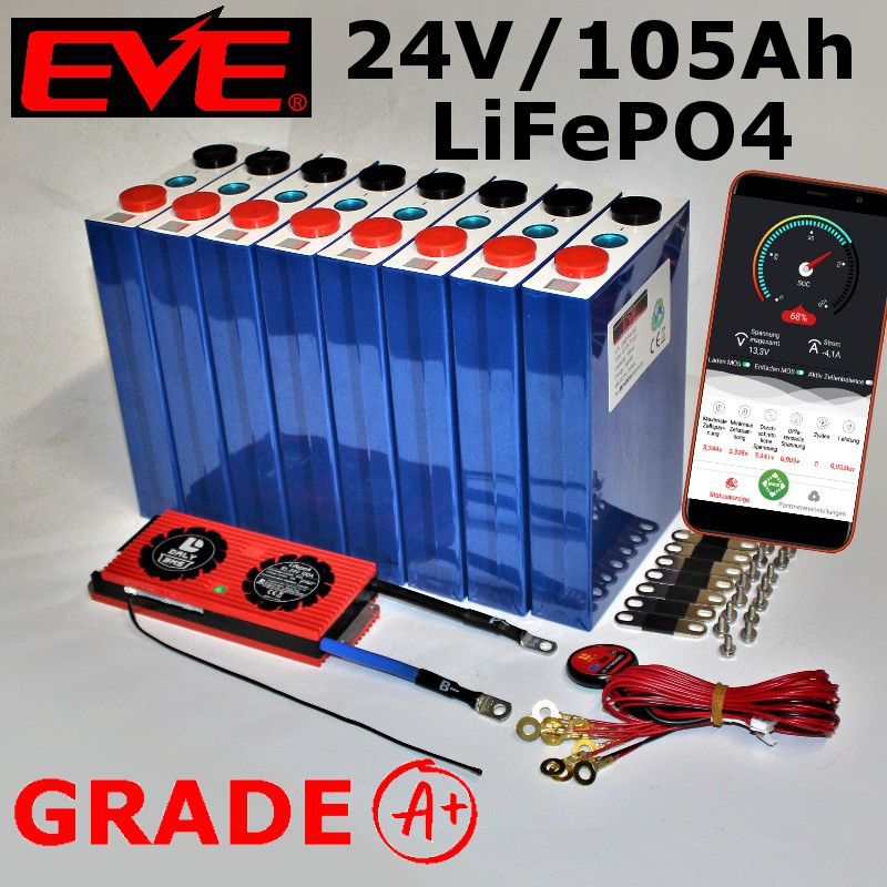EVE 12V/105Ah LiFePO4-Batterie mit 100A BMS.